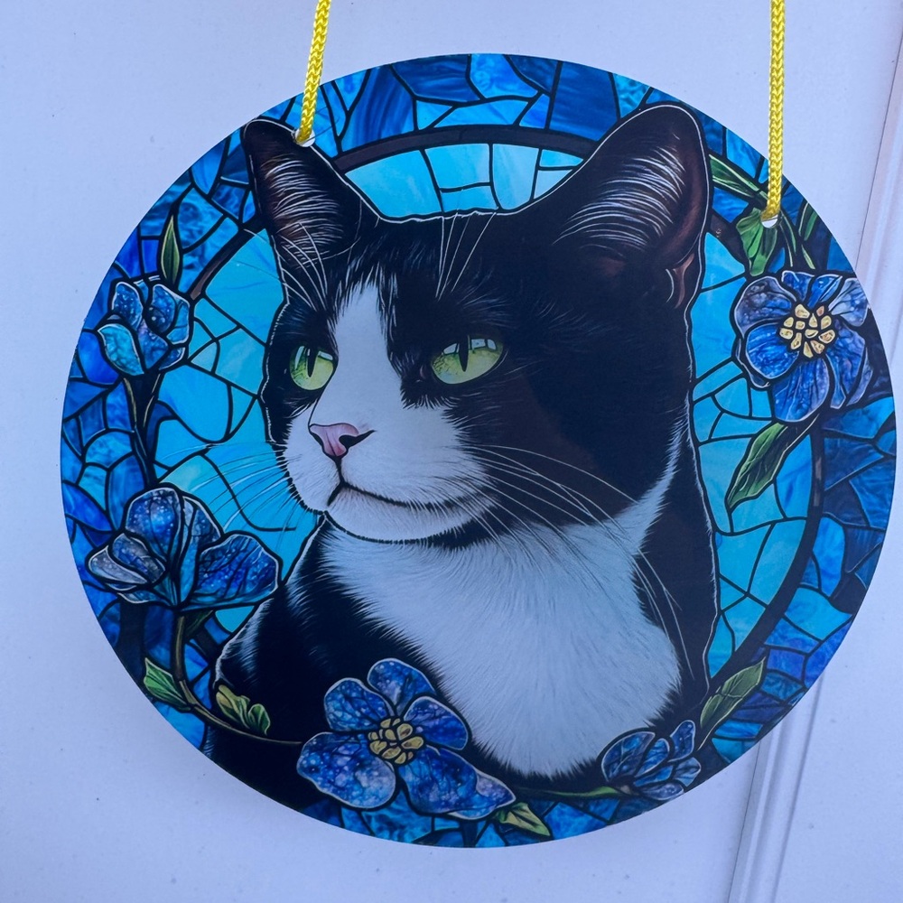 Tuxedo Cat Stained Glass Art with Blue Floral Design